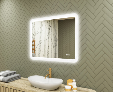 Miroir de salle de bains arrondi avec éclairage LED, 80×60 cm, bicolore, interrupteur tactile, tapis chauffant