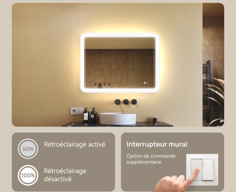 Miroir de salle de bains arrondi avec éclairage LED, 80×60 cm, bicolore, interrupteur tactile, tapis chauffant #4