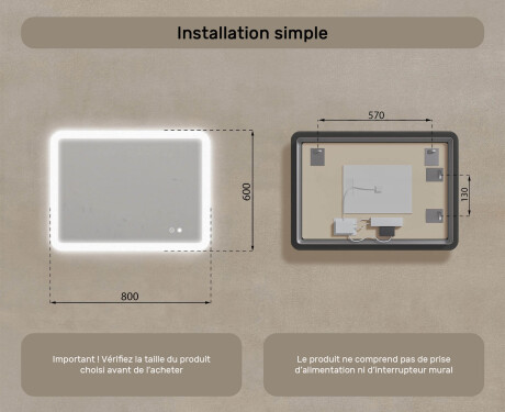 Miroir de salle de bains arrondi avec éclairage LED, 80×60 cm, bicolore, interrupteur tactile, tapis chauffant #8