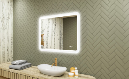 Miroir de salle de bains arrondi avec éclairage LED, 80×60 cm, bicolore, interrupteur tactile, tapis chauffant