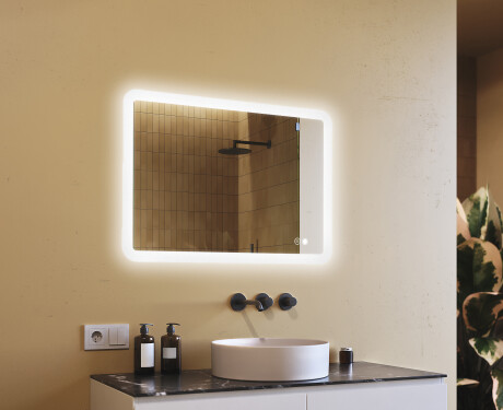 Miroir de salle de bains arrondi avec éclairage LED, 100×70 cm, bicolore, interrupteur tactile, tapis chauffant