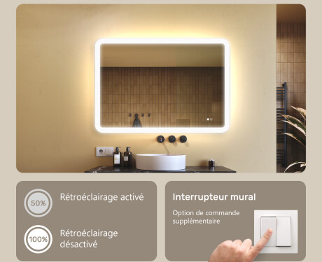 Miroir de salle de bains arrondi avec éclairage LED, 100×70 cm, bicolore, interrupteur tactile, tapis chauffant #4