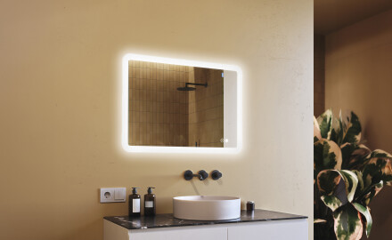 Miroir de salle de bains arrondi avec éclairage LED, 100×70 cm, bicolore, interrupteur tactile, tapis chauffant