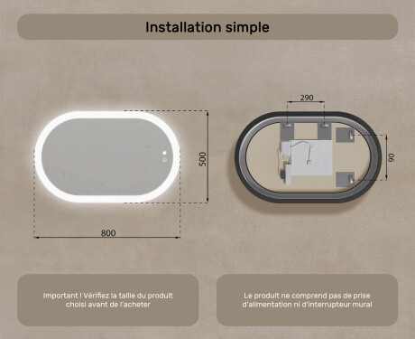 Miroir de salle de bains éclairé, 80×50 cm, bicolore, interrupteur tactile, tapis chauffant #8