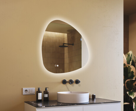 Miroir irrégulier avec éclairage, 84×84 cm, bicolore, interrupteur tactile, tapis chauffant