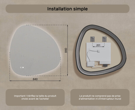 Miroir irrégulier avec éclairage, 84×84 cm, bicolore, interrupteur tactile, tapis chauffant #8