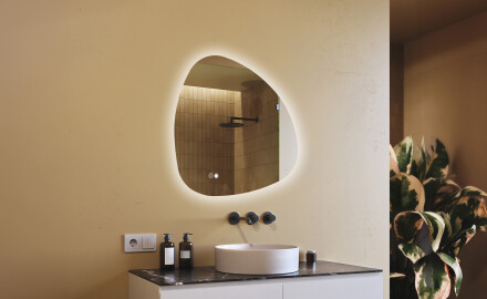Miroir irrégulier avec éclairage, 84×84 cm, bicolore, interrupteur tactile, tapis chauffant