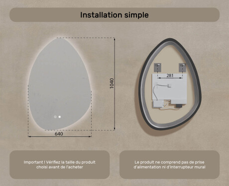 Miroir irrégulier avec éclairage, 64×94 cm, bicolore, interrupteur tactile, tapis chauffant #8