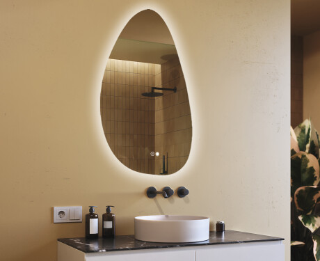 Miroir irrégulier avec éclairage, 64×104 cm, bicolore, interrupteur tactile, tapis chauffant