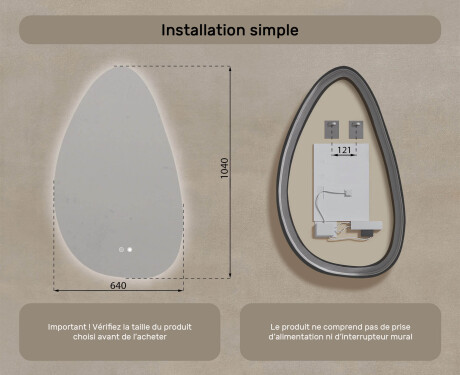 Miroir irrégulier avec éclairage, 64×104 cm, bicolore, interrupteur tactile, tapis chauffant #8