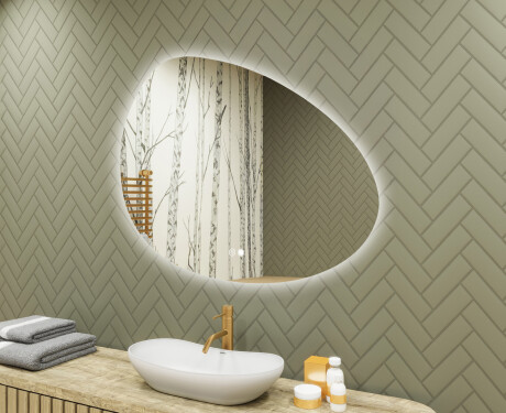 Miroir irrégulier avec éclairage, 114×84 cm, bicolore, interrupteur tactile, tapis chauffant