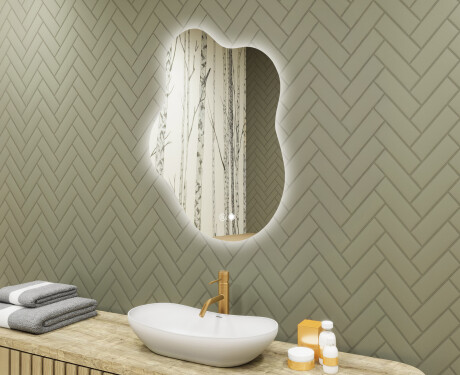 Miroir irrégulier avec éclairage, 74×94 cm, bicolore, interrupteur tactile, tapis chauffant