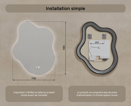 Miroir irrégulier avec éclairage, 74×94 cm, bicolore, interrupteur tactile, tapis chauffant #8