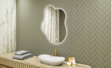 Miroir irrégulier avec éclairage, 74×94 cm, bicolore, interrupteur tactile, tapis chauffant