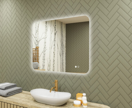 Miroir de salle de bains arrondi avec éclairage LED, 80×60 cm, bicolore, interrupteur tactile, tapis chauffant