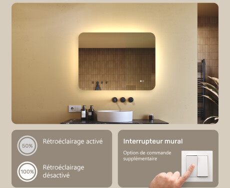 Miroir de salle de bains arrondi avec éclairage LED, 80×60 cm, bicolore, interrupteur tactile, tapis chauffant #4