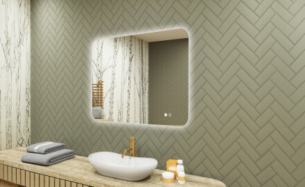 Miroir de salle de bains arrondi avec éclairage LED, 80×60 cm, bicolore, interrupteur tactile, tapis chauffant