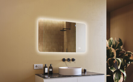 Miroir de salle de bains arrondi avec éclairage LED, 120×70 cm, bicolore, interrupteur tactile, tapis chauffant