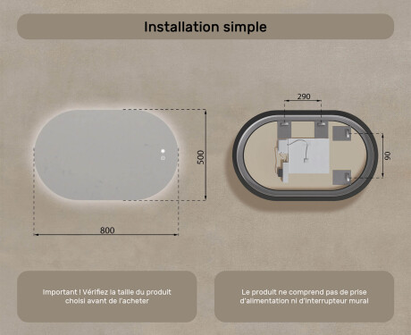 Miroir de salle de bains éclairé, 80×50 cm, bicolore, interrupteur tactile, tapis chauffant #8