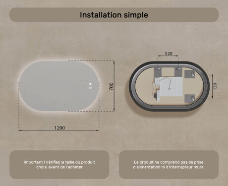 Miroir de salle de bains éclairé, 120×70 cm, bicolore, interrupteur tactile, tapis chauffant #8