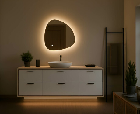 Miroir irrégulier avec éclairage 64×64 cm, double couleur, interrupteur tactile, coussin chauffant