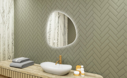 Miroir irrégulier avec éclairage, 64×64 cm, bicolore, interrupteur tactile, tapis chauffant
