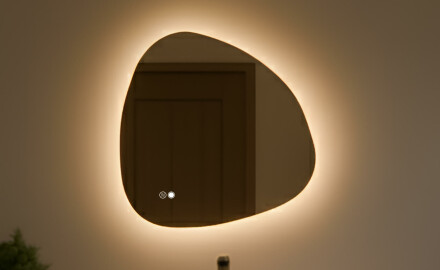 Miroir irrégulier avec éclairage 64×64 cm, double couleur, interrupteur tactile, coussin chauffant