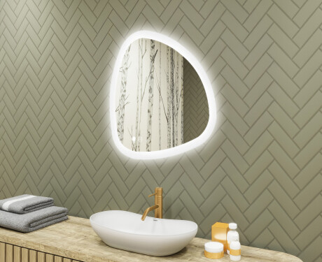 Miroir irrégulier avec éclairage, 74×74 cm, bicolore, interrupteur tactile, tapis chauffant