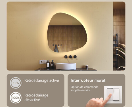 Miroir irrégulier avec éclairage, 74×74 cm, bicolore, interrupteur tactile, tapis chauffant #4