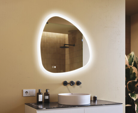 Miroir irrégulier avec éclairage, 94×94 cm, bicolore, interrupteur tactile, tapis chauffant