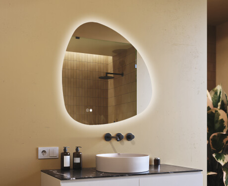 Miroir irrégulier avec éclairage, 94×94 cm, bicolore, interrupteur tactile, tapis chauffant