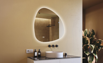 Miroir irrégulier avec éclairage, 94×94 cm, bicolore, interrupteur tactile, tapis chauffant