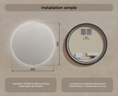 Miroir de salle de bain rond éclairé 60 cm avec lumière neutre 4500K #6