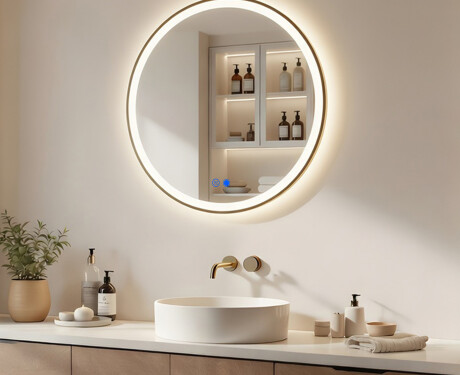 Miroir rond LED dans un cadre doré en aluminium