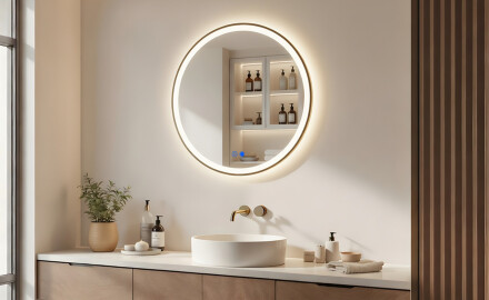 Miroir rond LED dans un cadre doré en aluminium