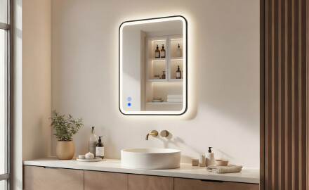 Miroir aux bords arrondis avec éclairage LED dans un cadre noir en aluminium