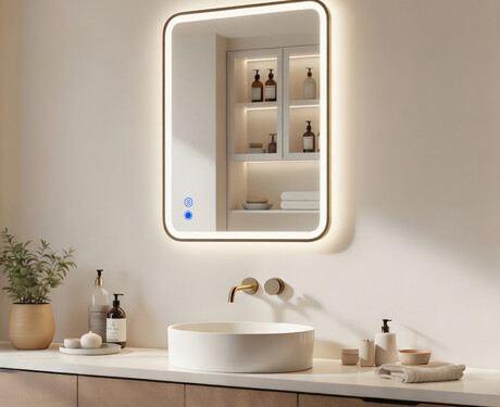 Miroir arrondi LED dans un cadre doré en aluminium