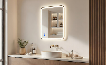 Miroir arrondi LED dans un cadre doré en aluminium