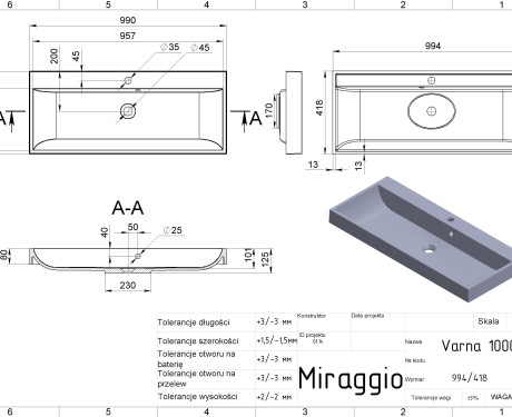 Lavabo VARNA 1000 MATT