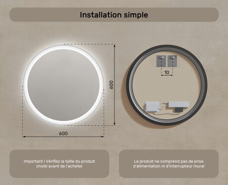 Rond Illumination LED Miroir Sur Mesure Eclairage Salle De Bain 60cm avec lumière LED froide 7000K, lumière chaude 3000K ou lumière neutre 4500K #7