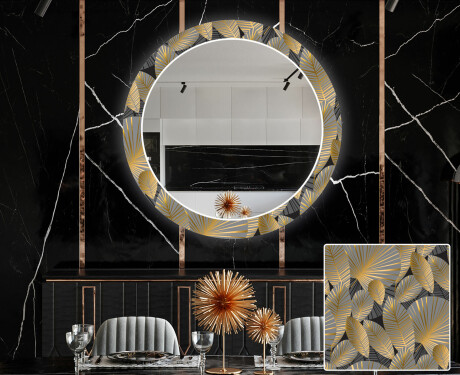Miroir Décoratif Rond Avec Éclairage LED Pour La Salle À Manger - Golden Leaves #1