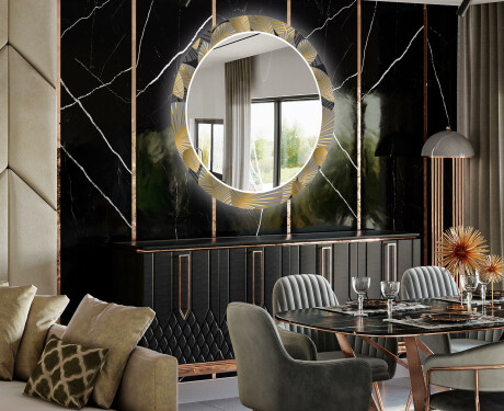 Miroir Décoratif Rond Avec Éclairage LED Pour La Salle À Manger - Golden Leaves #2