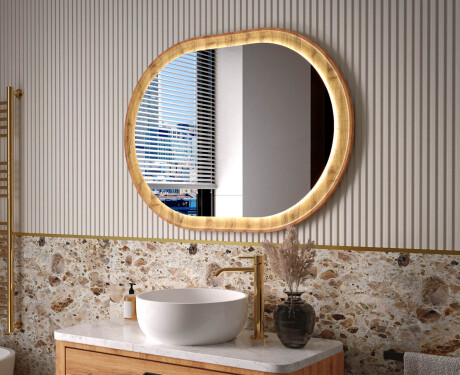 Miroir ovale dans un cadre en chêne avec éclairage LED