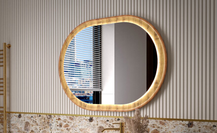 Miroir ovale dans un cadre en chêne avec éclairage LED