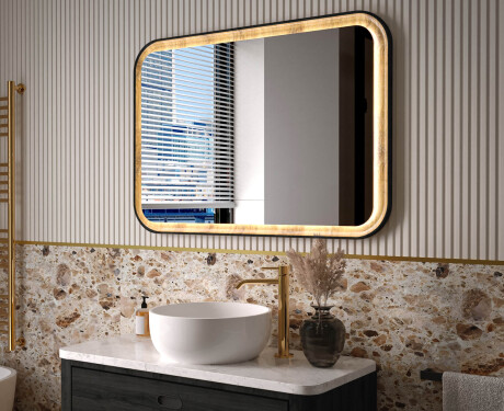 Miroir arrondi dans un cadre en chêne avec éclairage LED