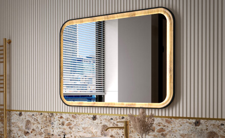 Miroir arrondi dans un cadre en chêne avec éclairage LED