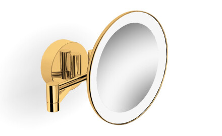 Miroir de maquillage grossissant 3x, rond, éclairage LED couleur chaude/froide, inclinable, double bras articulé / finition dorée brillante