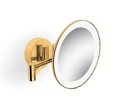 Miroir de maquillage grossissant 3x, rond, éclairage LED couleur chaude/froide, inclinable, double bras articulé / finition dorée brillante