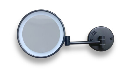 Miroir de maquillage grossissant 3x, rond, éclairage LED à lumière neutre, inclinable, double bras articulé / noir mat