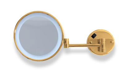 Miroir de maquillage grossissant 3x, rond, éclairage LED à lumière neutre, inclinable, double bras articulé / finition dorée brillante